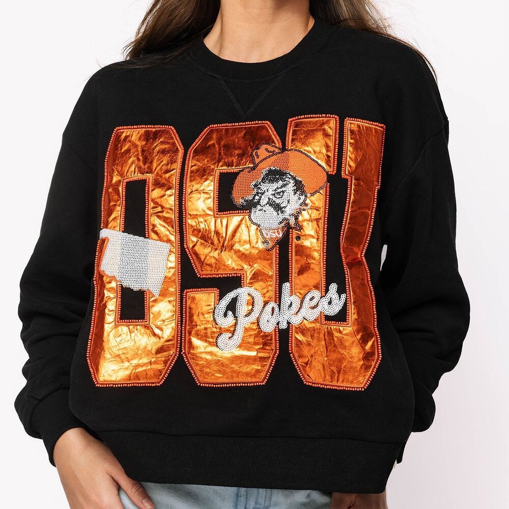 NEW Queen of Sparkles OK State Metallic Word With Icons Sweatshirt – OSU